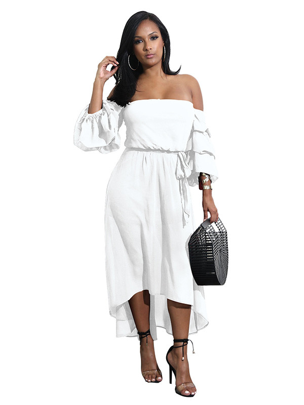 White Off Shoulder Asymmetric Hem Dress 