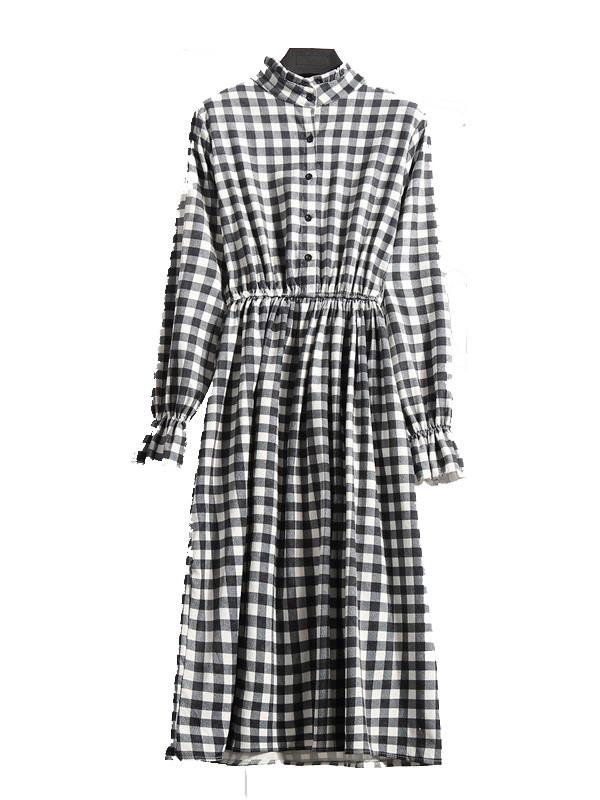 White Women Stand Collar Long Sleeve Dress