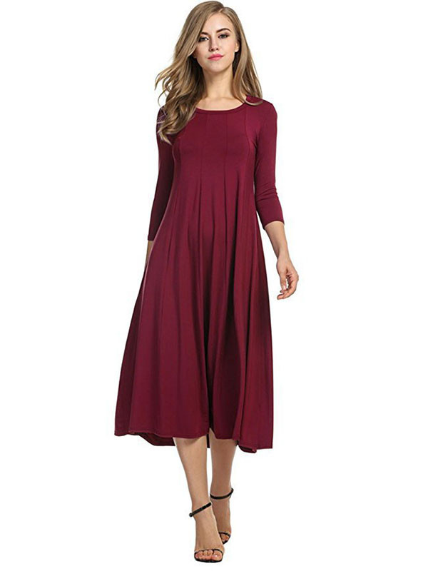 Wine Red A-Line and Flare Midi Long Dress