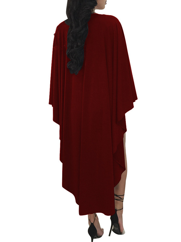 Wine Red Deep V Neck Asymmetrical Dress