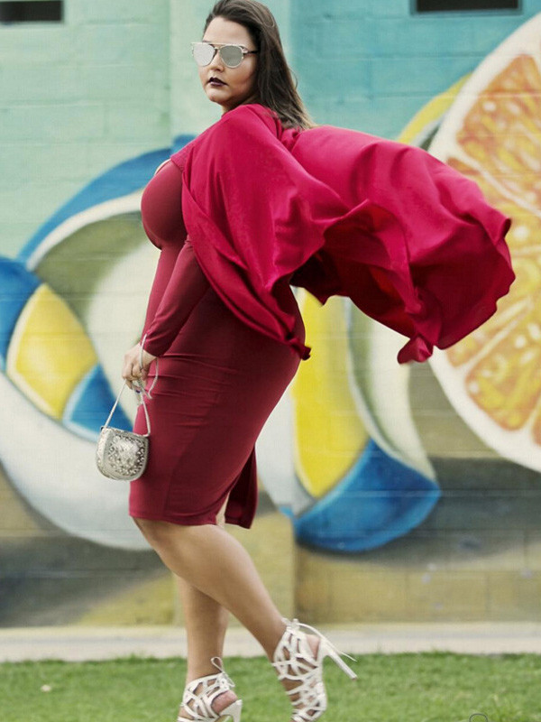 Wine Red Long Sleeve Women Plus Size Dress
