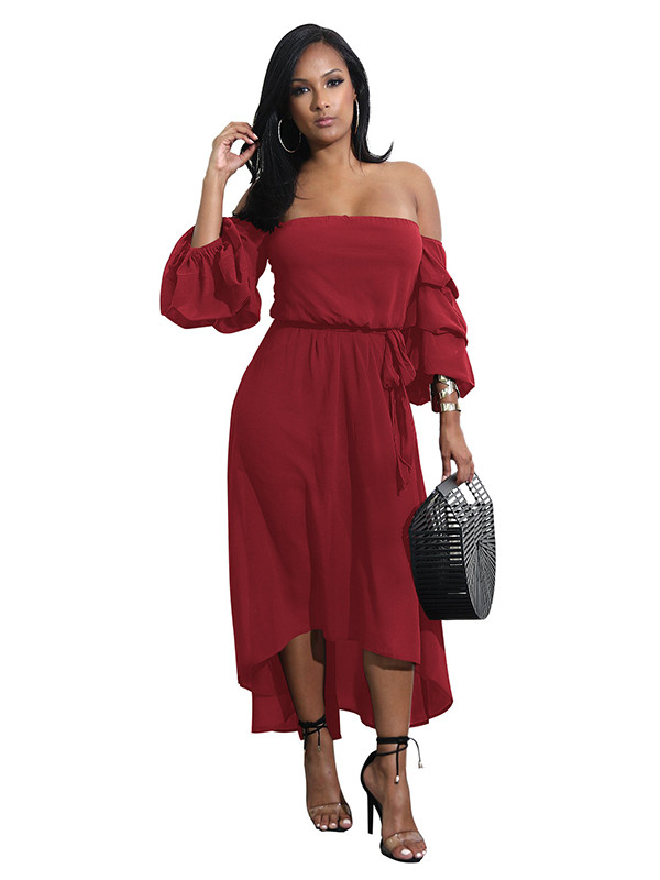 Wine Red Off Shoulder Asymmetric Hem Dress 