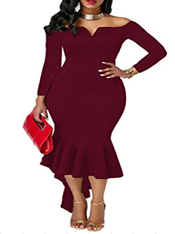 Wine Red Sexy Bateau Neck Dovetail Shape Dress