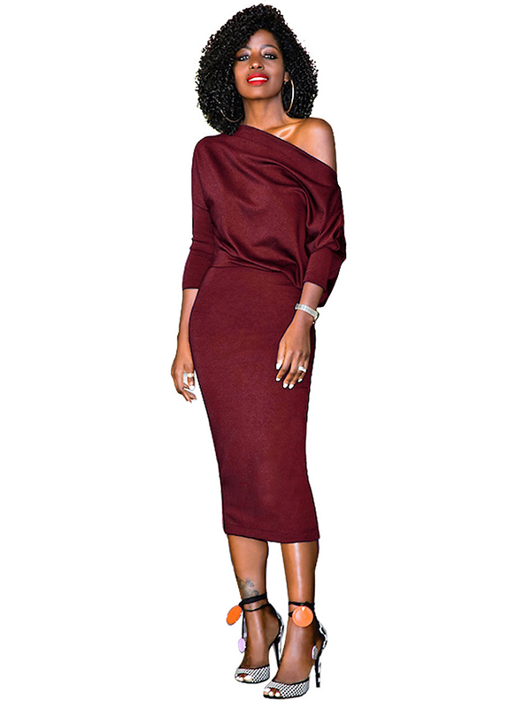 Wine Red S-XL Sexy One Shoulder Midi Dress