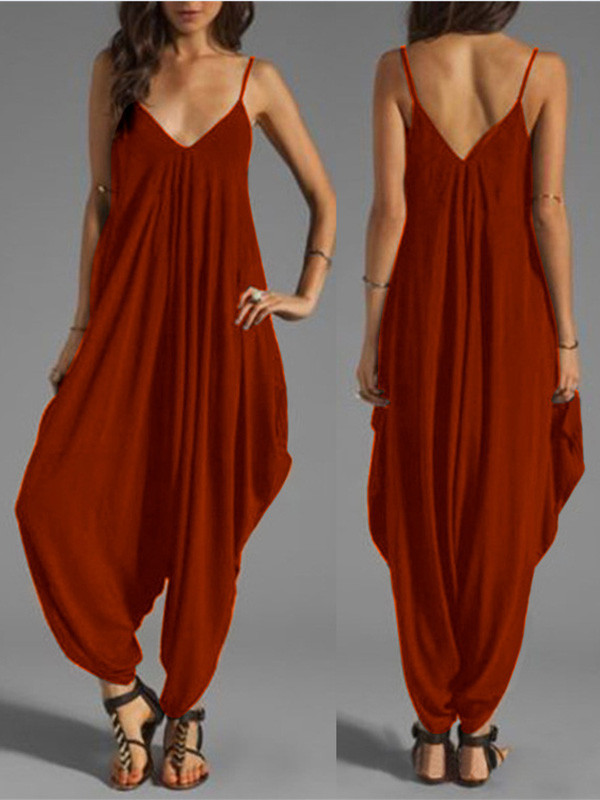 Wine Red Spaghetti Strap V-neck Loose Jumpsuit