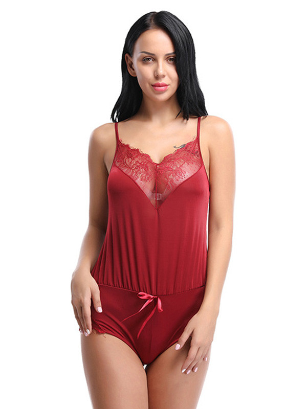 Wine Red Spaghetti Strap Women Bodysuit 