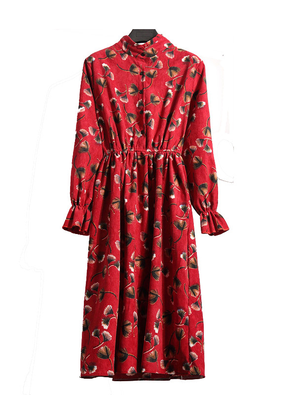 Wine Red Stand Collar Long Sleeve Dress