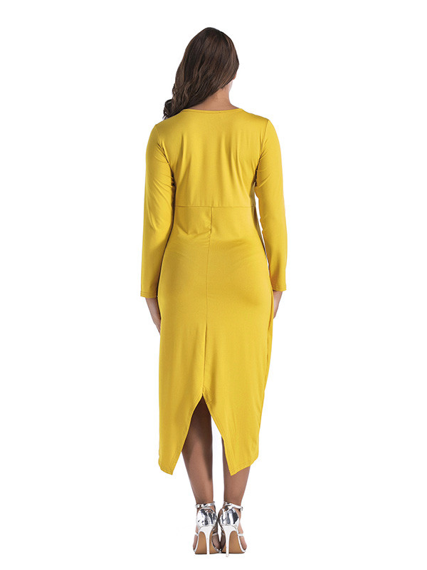 Yellow M-3XL Long Sleeve Irregular Slit Dress