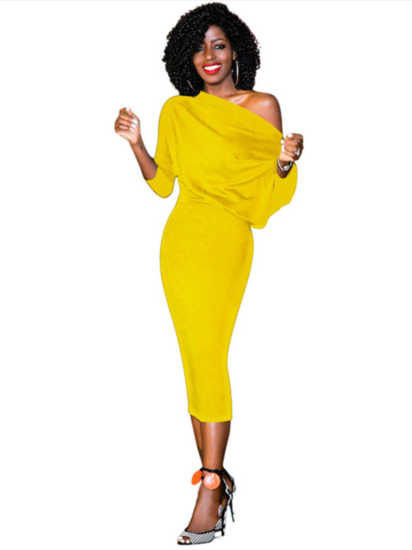 Yellow S-XL Sexy One Shoulder Midi Dress