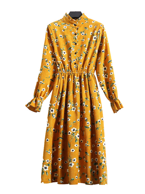 Yellow Women Stand Collar Long Sleeve Dress