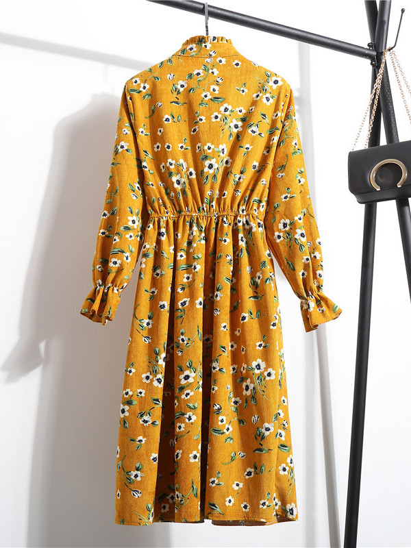 Yellow Women Stand Collar Long Sleeve Dress