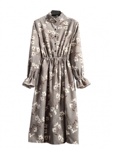 Apricot Women Stand Collar Long Sleeve Dress