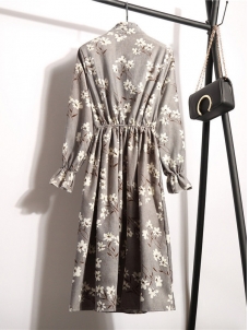 Apricot Women Stand Collar Long Sleeve Dress