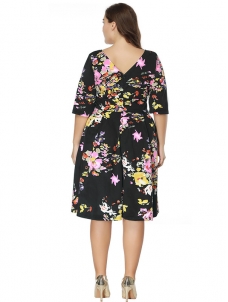 Black Long Sleeve Floral Printed Plus Size Dress