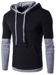 Black Long Sleeve Patchwork Hooded T-Shirt