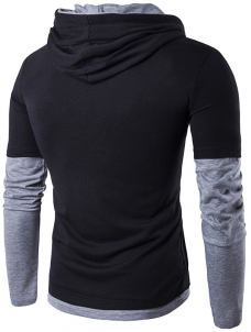 Black Long Sleeve Patchwork Hooded T-Shirt