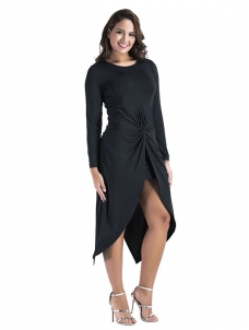 Black M-3XL Long Sleeve Irregular Slit Dress