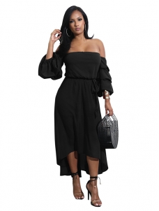 Black Off Shoulder Asymmetric Hem Dress 