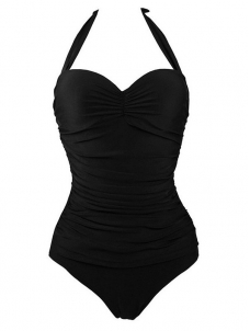 Black One Piece Halter Slim Fit Swimsuit