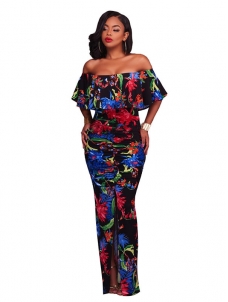 Black S-XL Off Shoulder Slit Printed Maxi Dress