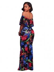 Black S-XL Off Shoulder Slit Printed Maxi Dress