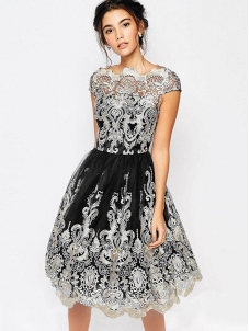 Black S-XL Short Sleeve Printed Lace Dress