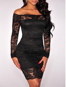 Black S-XL Women Long Sleeve Lace Dress