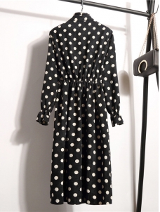 Black Women Stand Collar Long Sleeve Dress