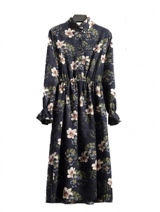 Black Women Stand Collar Long Sleeve Dress