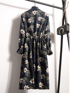 Black Women Stand Collar Long Sleeve Dress