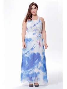 Blue Floral Printed Chiffon Plus Size Dress 