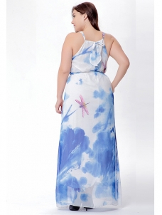 Blue Floral Printed Chiffon Plus Size Dress 