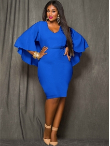 Blue L-3XL Bat Sleeves Plus Size Dress