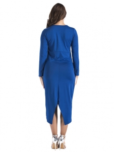 Blue M-3XL Long Sleeve Irregular Slit Dress