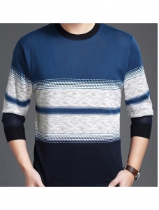 Blue Round Neck Striped Printed T-Shirt