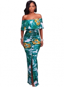 Blue S-XL Off Shoulder Slit Printed Maxi Dress