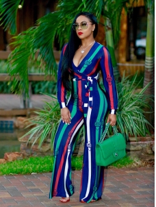 Blue S-XL V Neck Striped Printed Jumpsuits