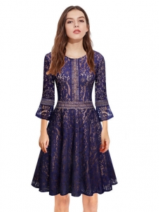 Blue S-XXL Fashion Floral Printed Lace Dress