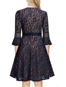 Blue S-XXL Fashion Floral Printed Lace Dress