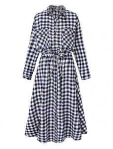 Blue Women Long Sleeve Plaids Casual Dress