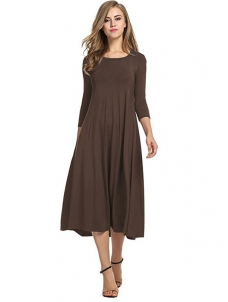 Brown A-Line and Flare Midi Long Dress