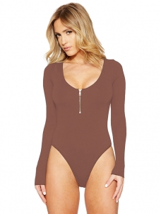 Brown Sexy Front Zipper Long Sleeve Bodysuit