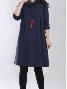 Dark Blue M-XXL Long Sleeve Casual Dress