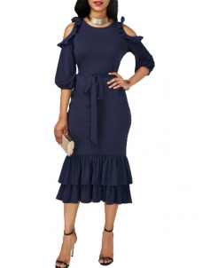 Dark Blue M-XXL Off Shoulder Midi Dress