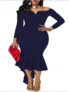 Dark Blue Sexy Bateau Neck Shape Dress