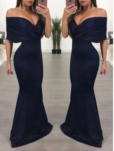 Dark Blue Sexy Long Sleeve V-Neck Maxi Dress