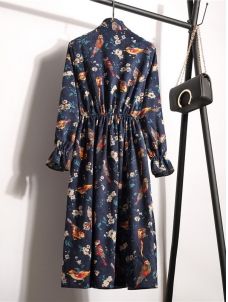 Dark Blue Stand Collar Long Sleeve Dress