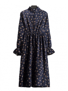 Dark Blue Stand Collar Long Sleeve Dress