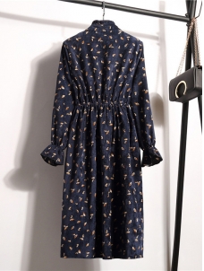 Dark Blue Stand Collar Long Sleeve Dress