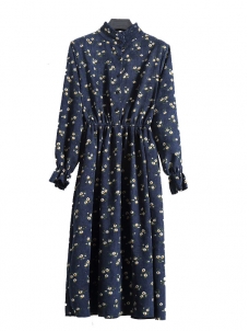 Dark Blue Stand Collar Long Sleeve Dress